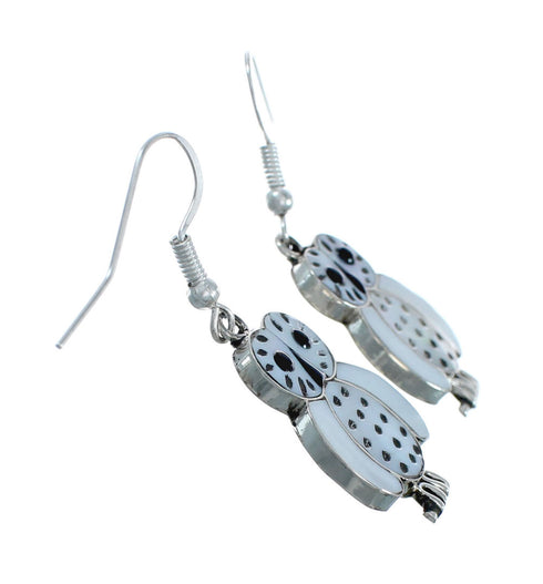 Zuni Multicolor Inlay Owl Sterling Silver Hook Dangle Earrings X10015